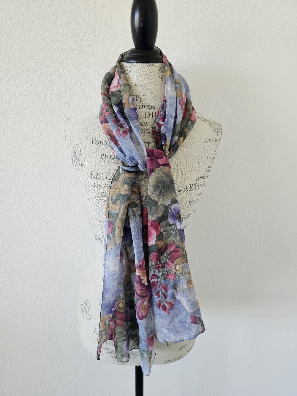 Vintage Renaissance Baroque Rose Floral Chiffon Scarf (62" x 15")​
